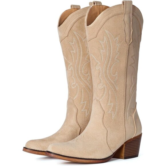 Shoes - Women's Western Cowgirl Boots with Chunky Heel Mid Calf Snip Toe Ideal Apricot